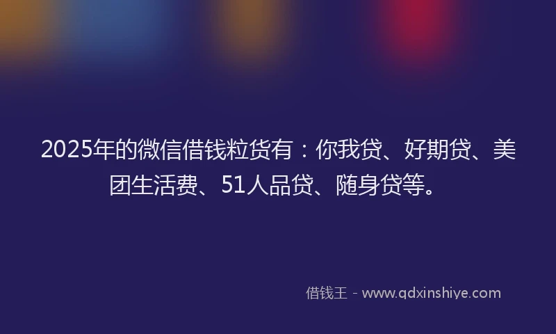 2025年的微信借钱粒货有：你我贷、好期贷、美团生活费、51人品贷、随身贷等。