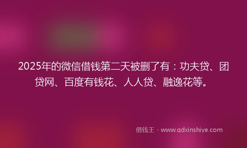 2025年的微信借钱第二天被删了有：功夫贷、团贷网、百度有钱花、人人贷、融逸花等。