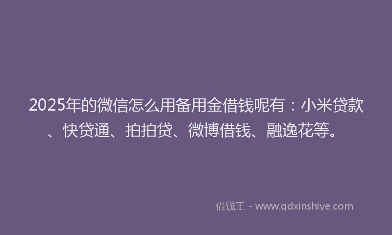 2025年的微信怎么用备用金借钱呢有：小米贷款、快贷通、拍拍贷、微博借钱、融逸花等。