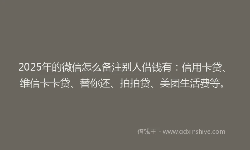 2025年的微信怎么备注别人借钱有：信用卡贷、维信卡卡贷、替你还、拍拍贷、美团生活费等。