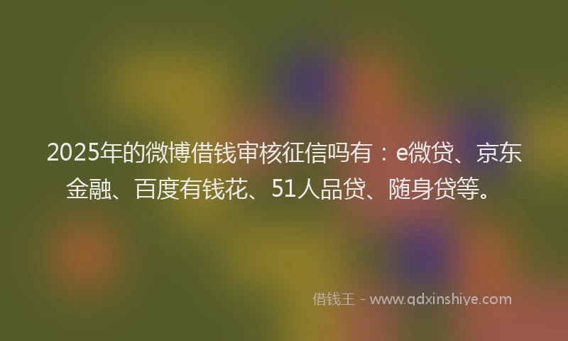 2025年的微博借钱审核征信吗有：e微贷、京东金融、百度有钱花、51人品贷、随身贷等。