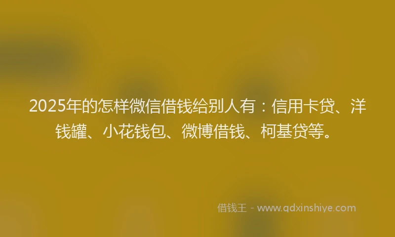 2025年的怎样微信借钱给别人有：信用卡贷、洋钱罐、小花钱包、微博借钱、柯基贷等。