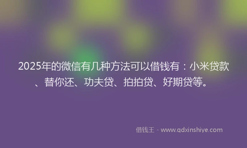 2025年的微信有几种方法可以借钱有：小米贷款、替你还、功夫贷、拍拍贷、好期贷等。
