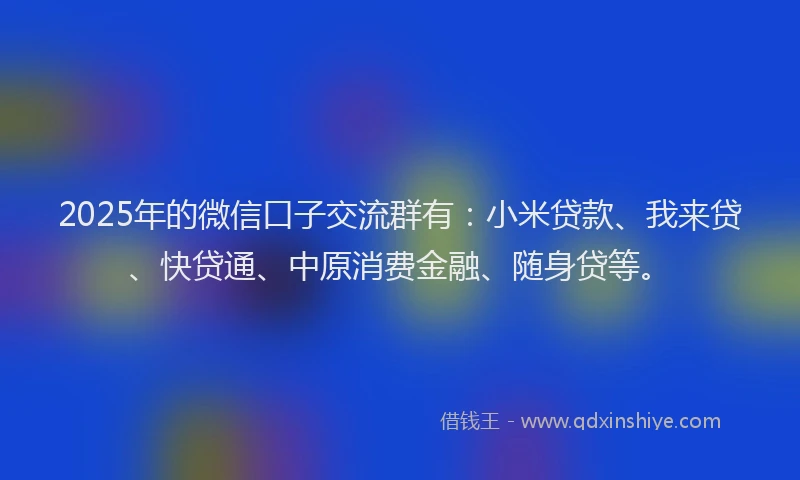 2025年的微信口子交流群有：小米贷款、我来贷、快贷通、中原消费金融、随身贷等。