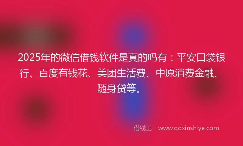 2025年的微信借钱软件是真的吗有：平安口袋银行、百度有钱花、美团生活费、中原消费金融、随身贷等。