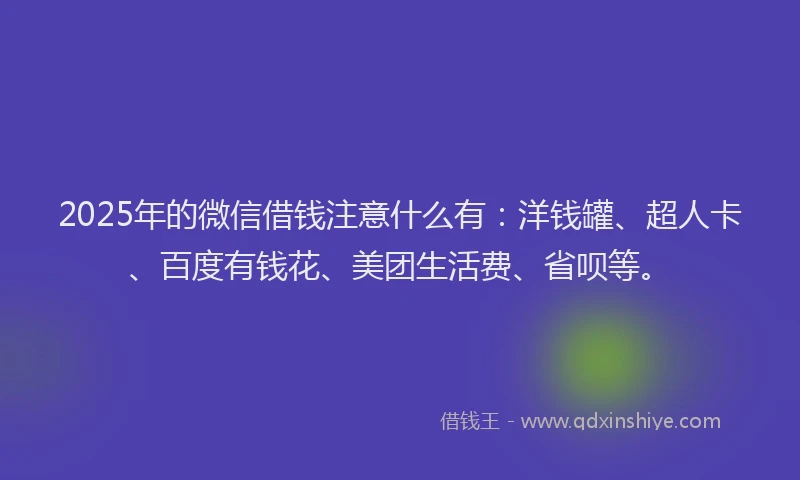 2025年的微信借钱注意什么有：洋钱罐、超人卡、百度有钱花、美团生活费、省呗等。
