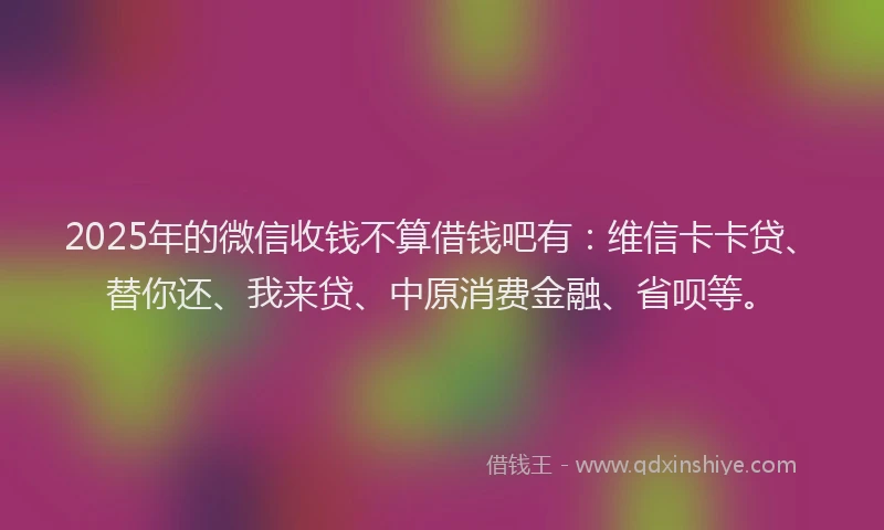 2025年的微信收钱不算借钱吧有：维信卡卡贷、替你还、我来贷、中原消费金融、省呗等。