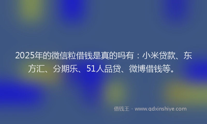 2025年的微信粒借钱是真的吗有：小米贷款、东方汇、分期乐、51人品贷、微博借钱等。