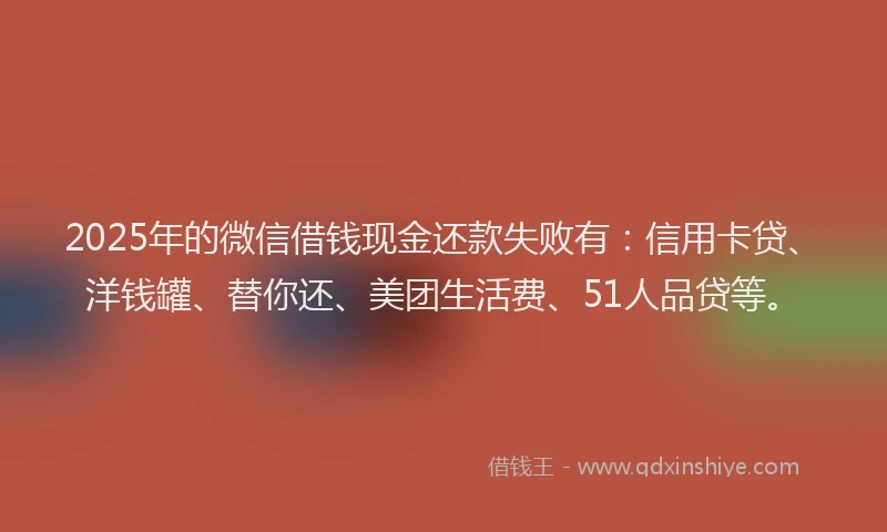 2025年的微信借钱现金还款失败有：信用卡贷、洋钱罐、替你还、美团生活费、51人品贷等。