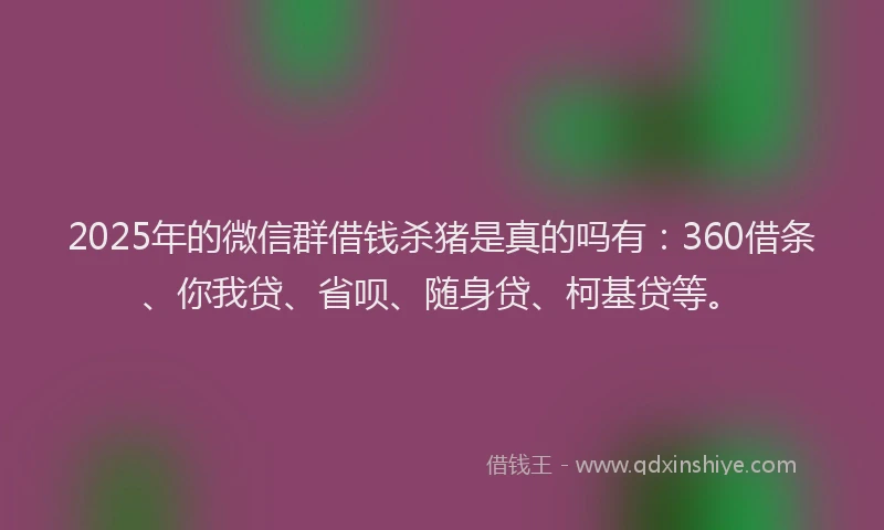 2025年的微信群借钱杀猪是真的吗有：360借条、你我贷、省呗、随身贷、柯基贷等。