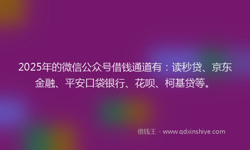 2025年的微信公众号借钱通道有：读秒贷、京东金融、平安口袋银行、花呗、柯基贷等。