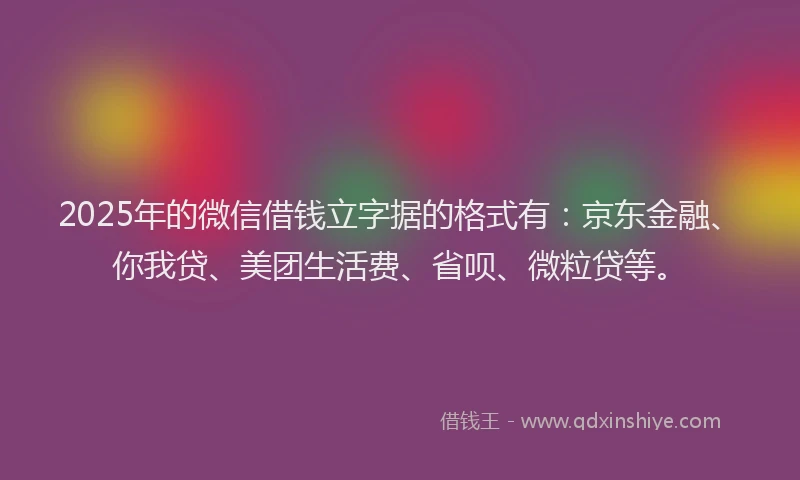 2025年的微信借钱立字据的格式有：京东金融、你我贷、美团生活费、省呗、微粒贷等。