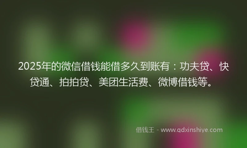 2025年的微信借钱能借多久到账有：功夫贷、快贷通、拍拍贷、美团生活费、微博借钱等。
