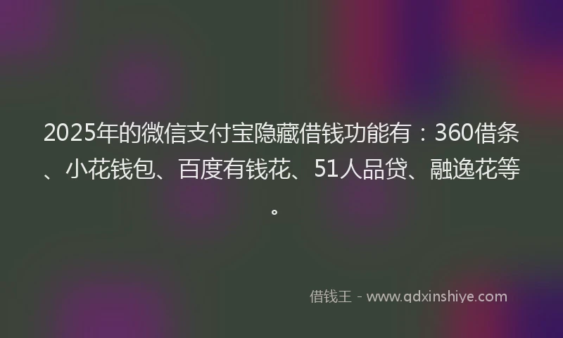2025年的微信支付宝隐藏借钱功能有：360借条、小花钱包、百度有钱花、51人品贷、融逸花等。