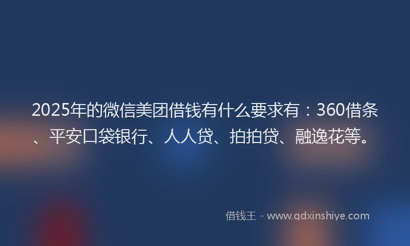 2025年的微信美团借钱有什么要求有：360借条、平安口袋银行、人人贷、拍拍贷、融逸花等。
