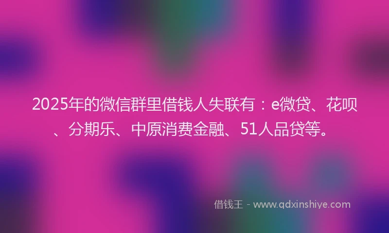 2025年的微信群里借钱人失联有：e微贷、花呗、分期乐、中原消费金融、51人品贷等。