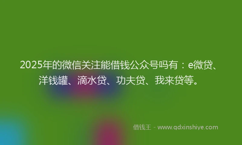 2025年的微信关注能借钱公众号吗有：e微贷、洋钱罐、滴水贷、功夫贷、我来贷等。