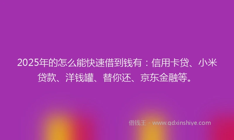 2025年的怎么能快速借到钱有：信用卡贷、小米贷款、洋钱罐、替你还、京东金融等。