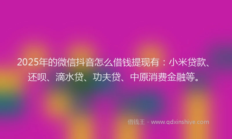 2025年的微信抖音怎么借钱提现有：小米贷款、还呗、滴水贷、功夫贷、中原消费金融等。