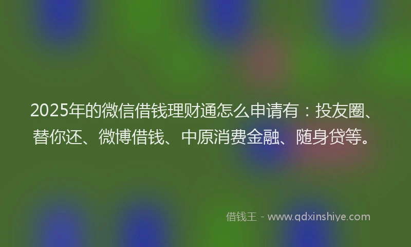 2025年的微信借钱理财通怎么申请有：投友圈、替你还、微博借钱、中原消费金融、随身贷等。