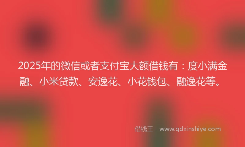 2025年的微信或者支付宝大额借钱有：度小满金融、小米贷款、安逸花、小花钱包、融逸花等。