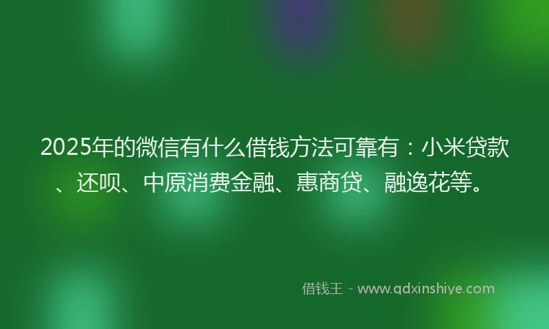 2025年的微信有什么借钱方法可靠有：小米贷款、还呗、中原消费金融、惠商贷、融逸花等。