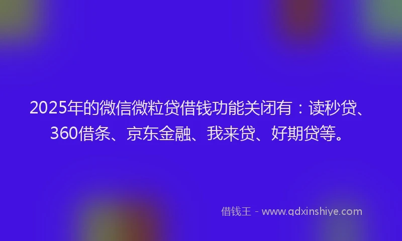 2025年的微信微粒贷借钱功能关闭有：读秒贷、360借条、京东金融、我来贷、好期贷等。