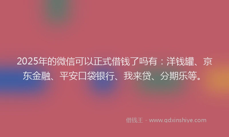 2025年的微信可以正式借钱了吗有：洋钱罐、京东金融、平安口袋银行、我来贷、分期乐等。