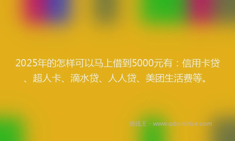 2025年的怎样可以马上借到5000元有：信用卡贷、超人卡、滴水贷、人人贷、美团生活费等。