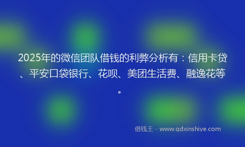 2025年的微信团队借钱的利弊分析有：信用卡贷、平安口袋银行、花呗、美团生活费、融逸花等。