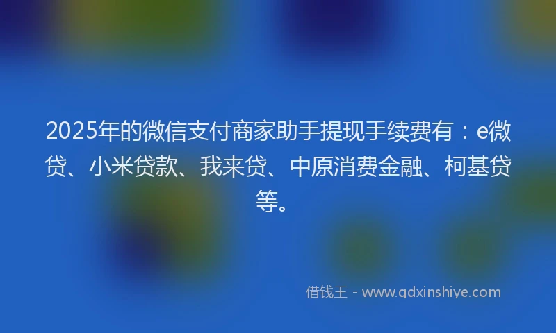 2025年的微信支付商家助手提现手续费有：e微贷、小米贷款、我来贷、中原消费金融、柯基贷等。
