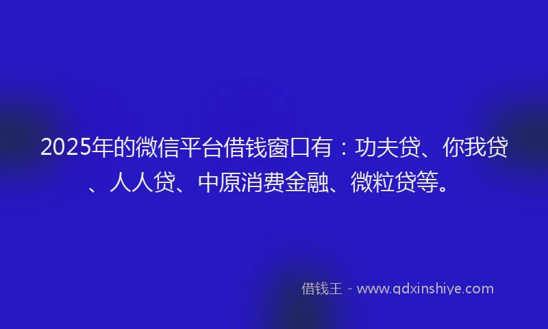 2025年的微信平台借钱窗口有：功夫贷、你我贷、人人贷、中原消费金融、微粒贷等。