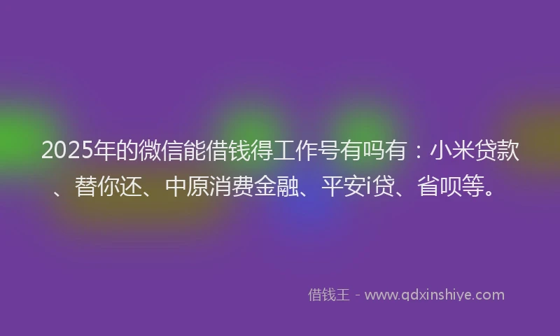 2025年的微信能借钱得工作号有吗有：小米贷款、替你还、中原消费金融、平安i贷、省呗等。