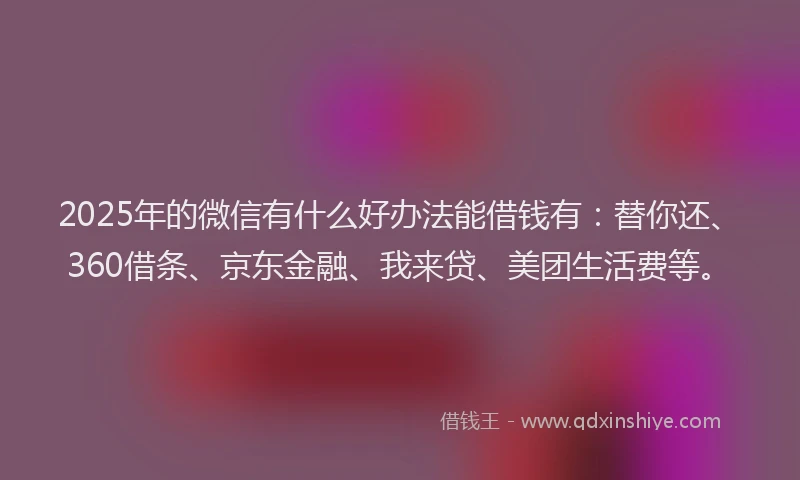 2025年的微信有什么好办法能借钱有：替你还、360借条、京东金融、我来贷、美团生活费等。
