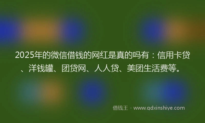 2025年的微信借钱的网红是真的吗有：信用卡贷、洋钱罐、团贷网、人人贷、美团生活费等。
