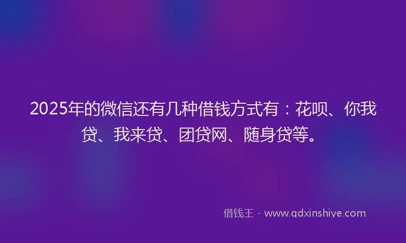 2025年的微信还有几种借钱方式有：花呗、你我贷、我来贷、团贷网、随身贷等。