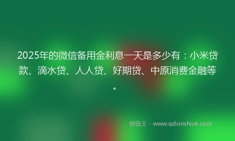 2025年的微信备用金利息一天是多少有：小米贷款、滴水贷、人人贷、好期贷、中原消费金融等。