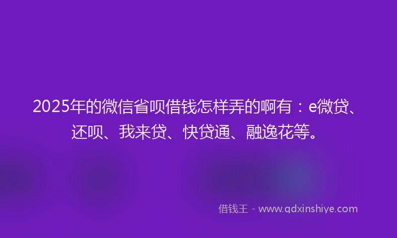 2025年的微信省呗借钱怎样弄的啊有：e微贷、还呗、我来贷、快贷通、融逸花等。