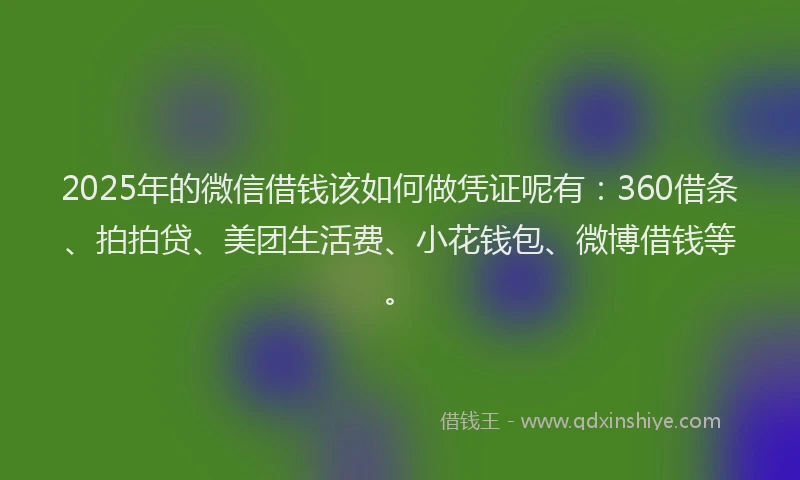 2025年的微信借钱该如何做凭证呢有：360借条、拍拍贷、美团生活费、小花钱包、微博借钱等。
