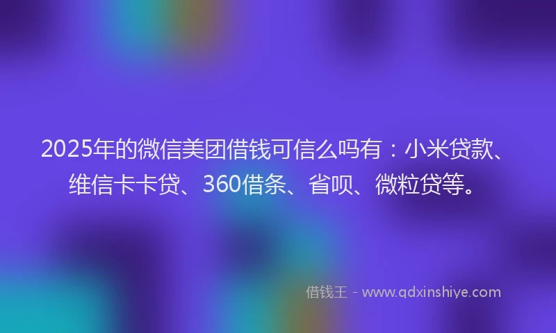 2025年的微信美团借钱可信么吗有：小米贷款、维信卡卡贷、360借条、省呗、微粒贷等。