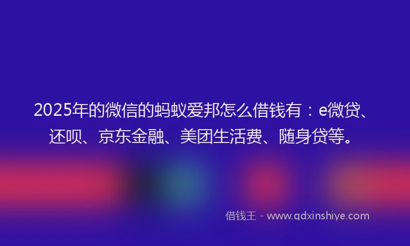2025年的微信的蚂蚁爱邦怎么借钱有：e微贷、还呗、京东金融、美团生活费、随身贷等。