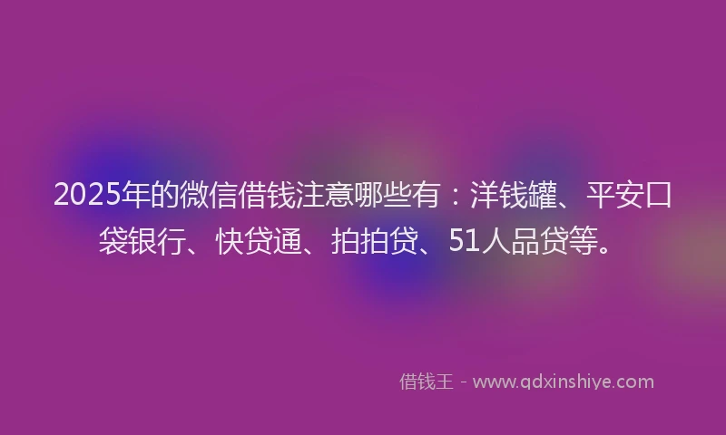 2025年的微信借钱注意哪些有：洋钱罐、平安口袋银行、快贷通、拍拍贷、51人品贷等。