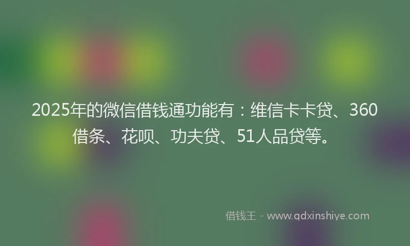 2025年的微信借钱通功能有：维信卡卡贷、360借条、花呗、功夫贷、51人品贷等。