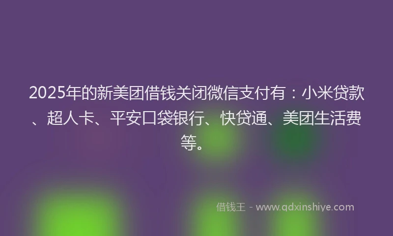 2025年的新美团借钱关闭微信支付有：小米贷款、超人卡、平安口袋银行、快贷通、美团生活费等。