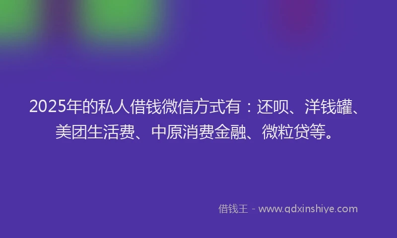 2025年的私人借钱微信方式有：还呗、洋钱罐、美团生活费、中原消费金融、微粒贷等。