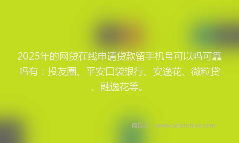 2025年的网贷在线申请贷款留手机号可以吗可靠吗有：投友圈、平安口袋银行、安逸花、微粒贷、融逸花等。