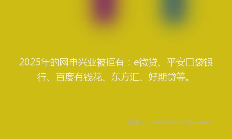 2025年的网申兴业被拒有：e微贷、平安口袋银行、百度有钱花、东方汇、好期贷等。