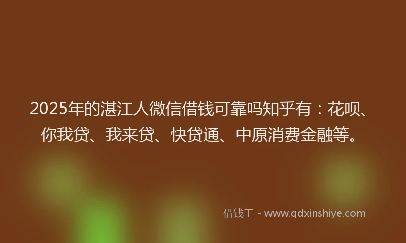 2025年的湛江人微信借钱可靠吗知乎有：花呗、你我贷、我来贷、快贷通、中原消费金融等。