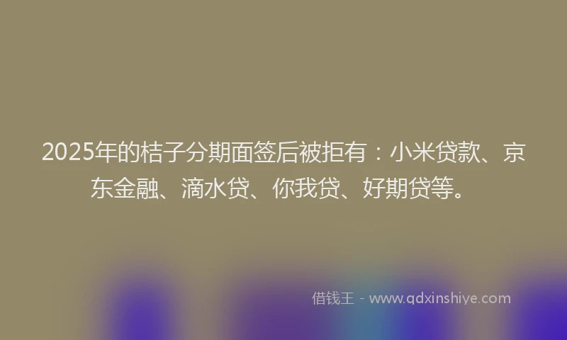 2025年的桔子分期面签后被拒有：小米贷款、京东金融、滴水贷、你我贷、好期贷等。