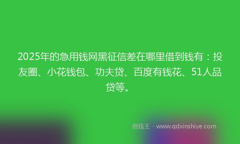 2025年的急用钱网黑征信差在哪里借到钱有：投友圈、小花钱包、功夫贷、百度有钱花、51人品贷等。